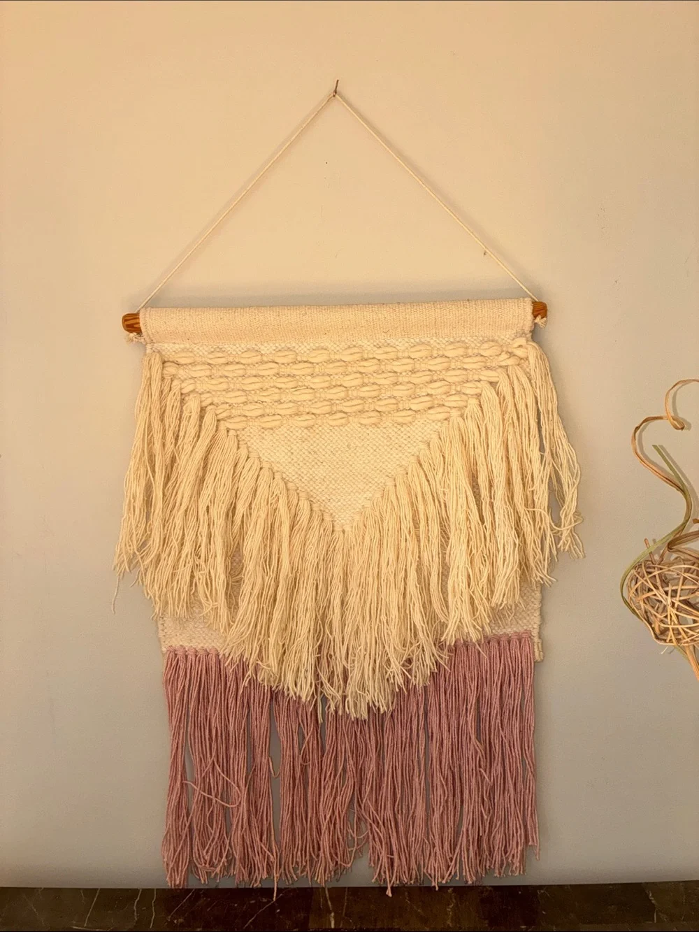 Boho Cream & Dusty Pink Woven Fringe Wall Hanging